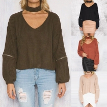 Fashion Solid Color Choker Neckline V-neck Zipper Long Sleeve Knit Sweater