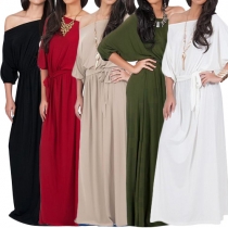 Elegant Solid Color Oblique Shoulder Bat Sleeve Gathered Waist Maxi Dress