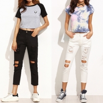 Fashion Solid Color Ripped Skinny Capri Pants For Women