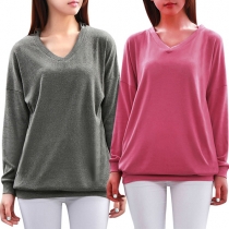 Casual Style Solid Color V-neck Long Sleeve Hooded Tops