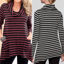 Casual Pile Collar Long Sleeve Irregular Hemline Striped Tops