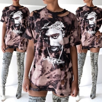 Fashion Printed Round Neck Short Sleeve Irregular Hollow Out Dress