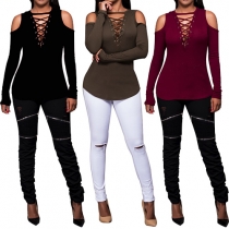 Sexy Solid Color Front Lace-up Cold Shoulder Long Sleeve Slim-fitting Tops