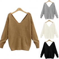 Sexy Solid Color Deep V-neck Back Knotted Long Sleeve Sweater