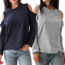Casual Style Solid Color Round Neck Long Sleeve Cold Shoulder Tops