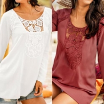 Fashion Lace Spliced Hollow Out Round Neck Long Sleeve Tops