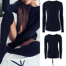 Stylish Solid Color Round Neck Long Sleeve Back Lace-up Ribbed Tops