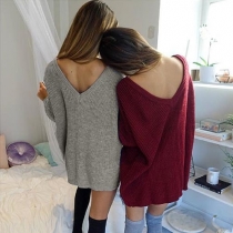 Fashion Solid Color Round Neck Long Sleeve V Back Sweater Dress