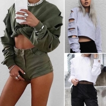 Trendy Solid Color Round Neck Long Sleeve Hollow Out Crop T-shirt