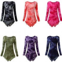 Fashion Printed Round Neck Long Sleeve Irregular Lace Hemline Tops