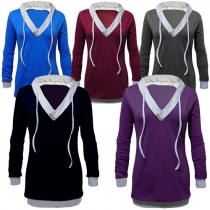 Casual Style Contrast Color V-neck Long Sleeve Hooded Sweatshirt Dress