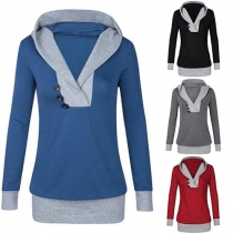 Casual Style Contrast Color Long Sleeve Hooded V-neck Dress