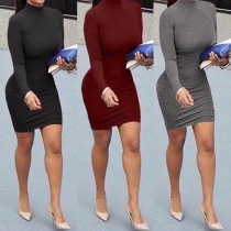 Sexy Solid Color Turtleneck Long Sleeve Back Zipper Bodycon Dress