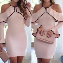 Sexy Contrast Color Long Sleeve Cold Shoulder Ruffle Sling Dress