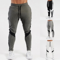 Casual Style PU Leather Spliced Oblique Zipper Drawstring Waist Men's Harem Pants