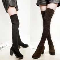 Fashion Solid Color High-heeled Sweater The Knee Boots