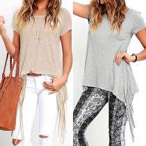 Casual Style Solid Color Round Neck Short Sleeve Side Slit Tassel T-shirt