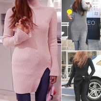 Fashion Solid Color Turtleneck Long Sleeve Cut-out High-low Hemline Knit Sweater