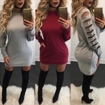Stylish Solid Color Round Neck Long Sleeve Hollow Out Women's Sweatshirt