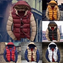 Stylish Contrast Color Front Zipper Long Sleeve Hooded Men's Padded Coat