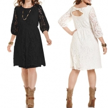 Elegant Solid Color Round Neck Lantern Sleeve Back Bowknot Hollow Out Lace Dress