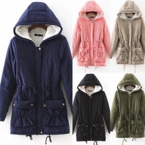 Fashion Solid Color Long Sleeve Hooded Drawstring Waist Padded Coat