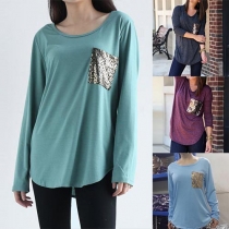 Casual Style Sequin Pocket Spliced Round Neck Long Sleeve T-shirt