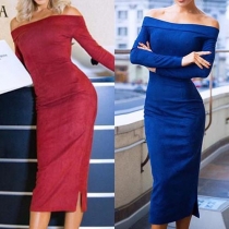 Elegant Solid Color Off Shoulder Long Sleeve Slit Hem Slim Fit Dress