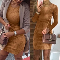 Concise Style Solid Color Round Neck Long Sleeve Slim Fit Dress