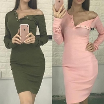 Sexy Solid Color One Shoulder Long Sleeve Slim-fitting Dress
