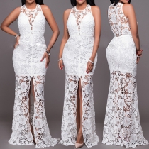 Sexy Solid Color Round Neck Sleeveless Hollow Out High-slit Lace Maxi Dress