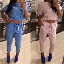 Stylish Solid Color Short Sleeve Crop Tops and Pants Two-piece Set