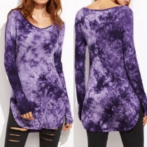 Trendy Printed V-neck Long Sleeve Side Slit Women's Tops