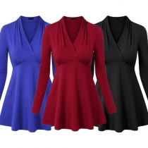 Sexy Solid Color V-neck Long Sleeve High Waist Dress