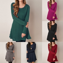 Casual Style Solid Color Round Neck Long Sleeve Sweater Dress