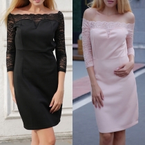 Elegant Solid Color Off Shoulder Long Sleeve Lace Spliced Dress