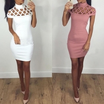 Sexy Solid Color Turtleneck Short Sleeve Hollow Out Slim Fit Dress