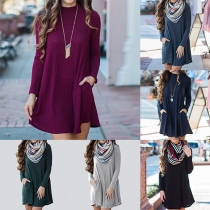 Trendy Solid Color 2 Side Pockets Round Neck Long Sleeve Relaxed Dress