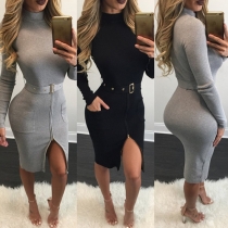 Sexy Solid Color Mock Neck Long Sleeve Front Zipper Dress with Waist Strap