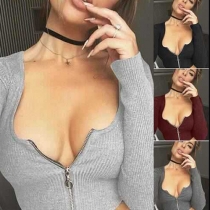 Sexy Solid Color Front Zipper U-neck Long Sleeve Slim Fit Crop Tops