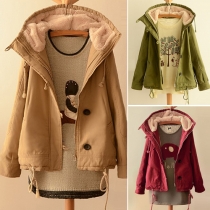 Fashion Solid Color Single-breasted Long Sleeve Hooded Warm Padded Coat