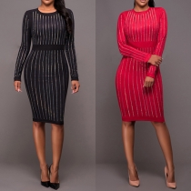 Sexy Solid Color Hot Fix Rhinestone Round Neck Long Sleeve Slim Fit Dress