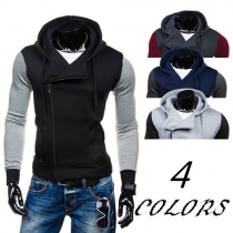 Casual Contrast Color Oblique Zipper Long Sleeve Hooded Men's Sweatshirt Coat