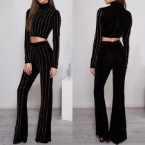 Fashion Hot Fix Rhinestone Long Sleeve Crop Tops and Flared Pants Two-piece Set