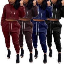 Casual Style Solid Color Long Sleeve Hooded Crop Tops and Pants Two-piece Set