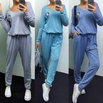 Casual Style Printed V-neck Long Sleeve Drawstring Waist Sport Jumpsuit