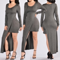 Sexy Solid Color Round Neck Long Sleeve Irregular Hemline Dress