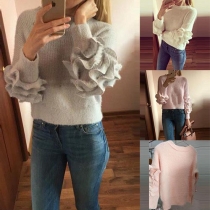 Fashion Solid Color Round Neck Ruffle Long Sleeve Crop Sweater