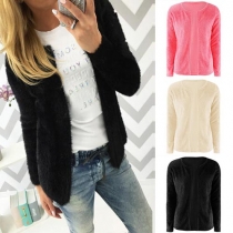 Fashion Solid Color Long Sleeve Fuzzy Knit Sweater Cardigan