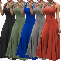Sexy Solid Color Low-cut Sleeveless Slim Fit Pleated Maxi Dress